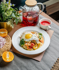 High angle view of food in plate on table, lunch, restaurant