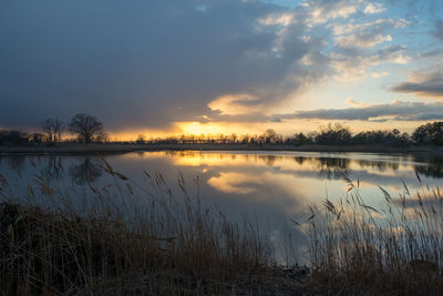 Scenic view of lake against sky during sunset