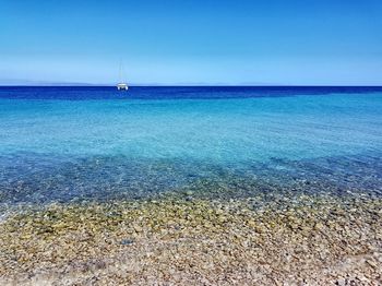 Scenic view of sea against clear blue sky