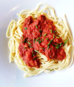 Close-up of pasta served in plate