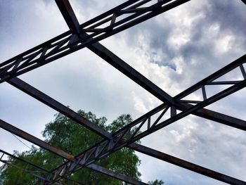 Low angle view of electricity pylon against cloudy sky