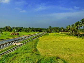 Railroad track on green landscape against sky