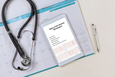 High angle view of stethoscope on white background