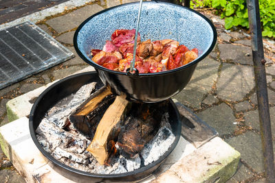 High angle view of food on barbecue grill