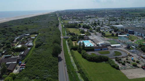 High angle view of road amidst buildings in city