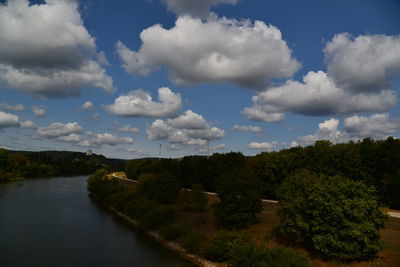 Scenic view of river amidst trees against sky