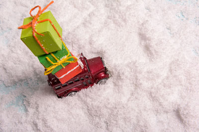High angle view of toy car on snow