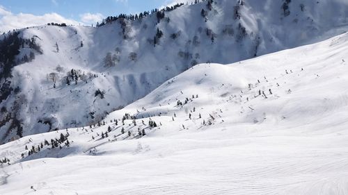 Scenic view of snow covered mountains against sky