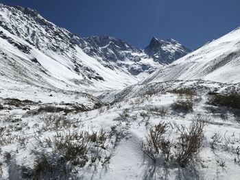 Scenic view of snowcapped mountains against clear sky