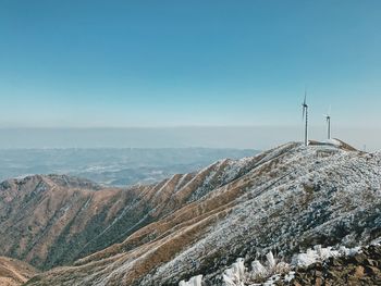 Scenic view of mountains against clear blue sky