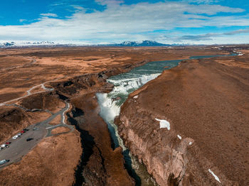Panoramic aerial view of popular tourist destination - gullfoss waterfall.