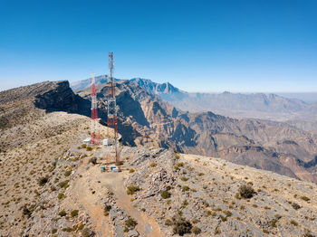 Scenic view of mountains against blue sky