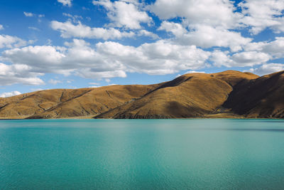 Scenic view of lake and mountains against sky