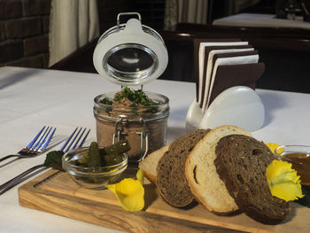 Close-up of breakfast served on table