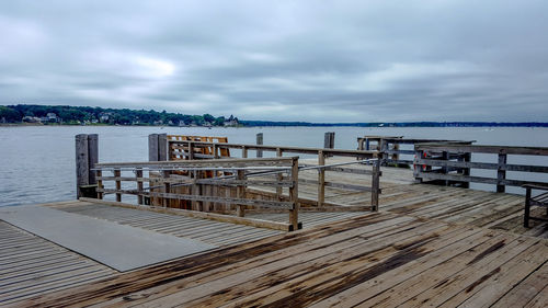 Pier on table by sea against sky