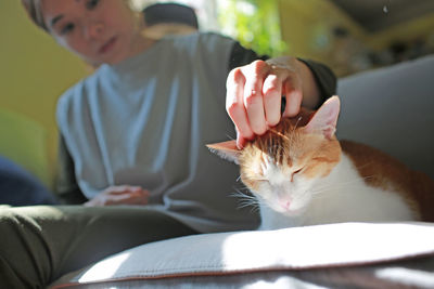 Young woman playing with cat sitting on sofa