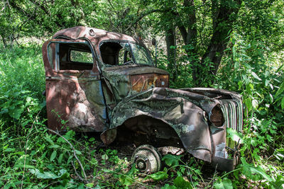 Abandoned vehicle against trees