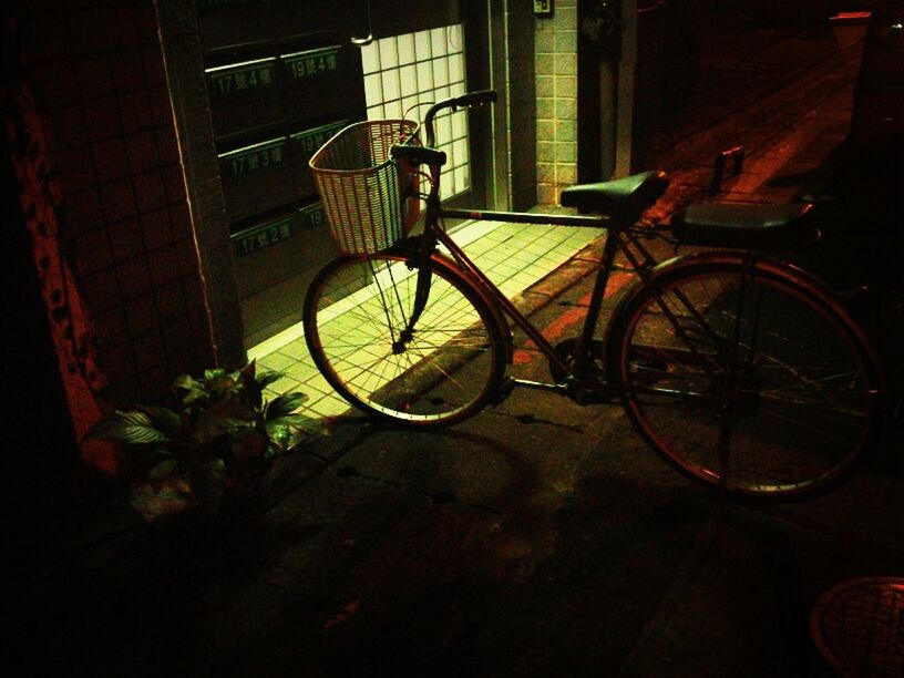 bicycle, land vehicle, transportation, mode of transport, stationary, parking, built structure, parked, building exterior, architecture, house, street, sunlight, shadow, no people, wheel, outdoors, night, wall - building feature