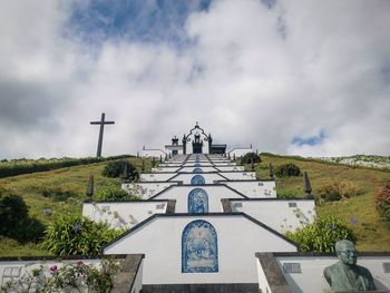 Low angle view of church against cloudy sky