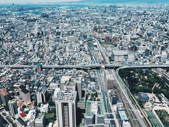 Aerial view of city street and buildings