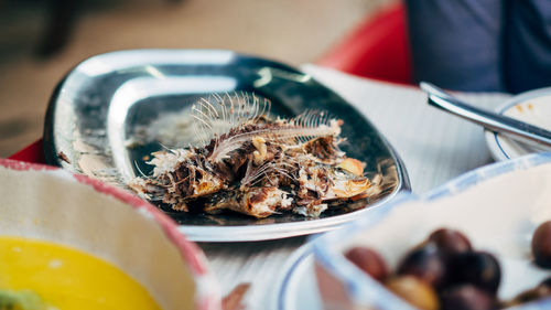 Close-up of eaten fish in plate on table