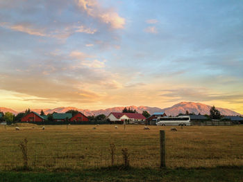 Scenic view of field against sky during sunset