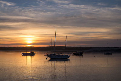 Boats in marina at sunset