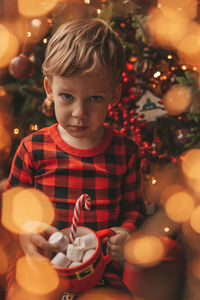 Portrait of cute girl playing with christmas tree at home