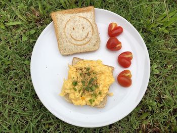 High angle view of breakfast served on table