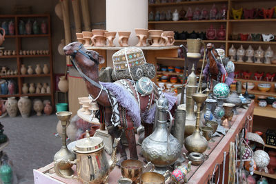 High angle view of antiques for sale at market