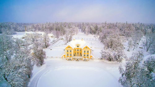 Snow covered trees by building against sky