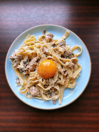 High angle view of breakfast served on table