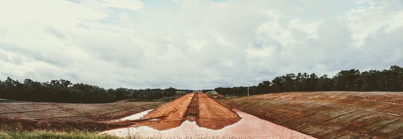 Panoramic shot of road amidst trees on field against sky