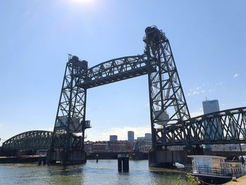 Low angle view of bridge over river against sky