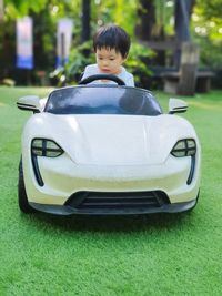 Portrait of boy wearing sunglasses on grass