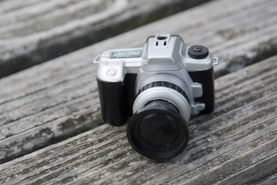 Close-up of camera on table