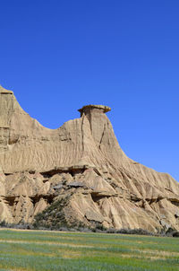 Rock formations on landscape against clear blue sky