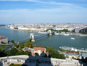 High angle view of river amidst buildings in city against sky