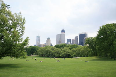 View of park with skyscrapers in background