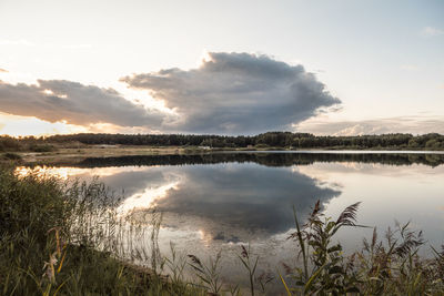 Scenic view of lake against sky during sunset