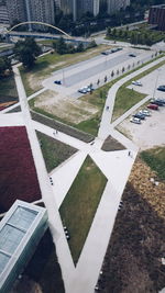 High angle view of airplane in city