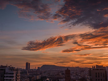 High angle view of buildings against sky during sunset