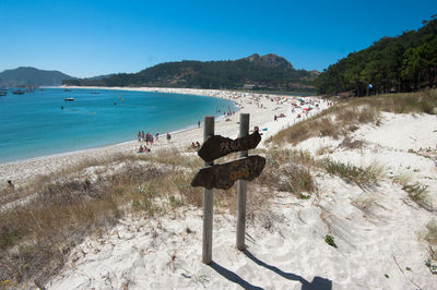 Scenic view of beach against clear blue sky