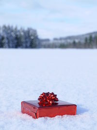 Close-up of red gift box on snow