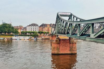 Bridge over river by buildings in city against sky