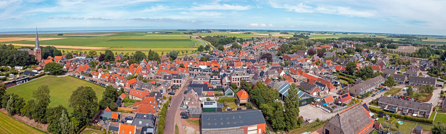 Aerial panorama from the village holwerd aan zee in friesland the netherlands