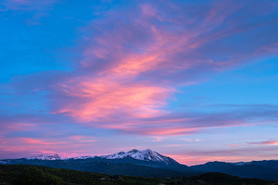 Scenic view of snowcapped mountains against sky during sunset