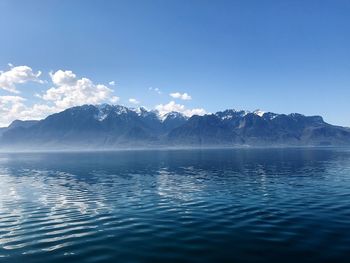 Scenic view of lake against blue sky