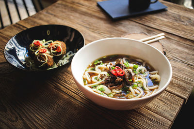 High angle view of food in bowl on table