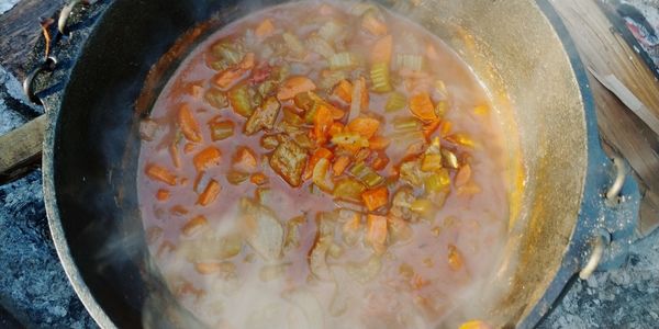 High angle view of meat in cooking pan